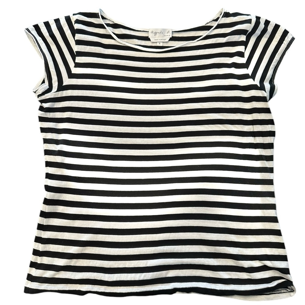 Arden B. Paris Vintage Black White Striped Fitted Short Sleeve Tee Top Portugal